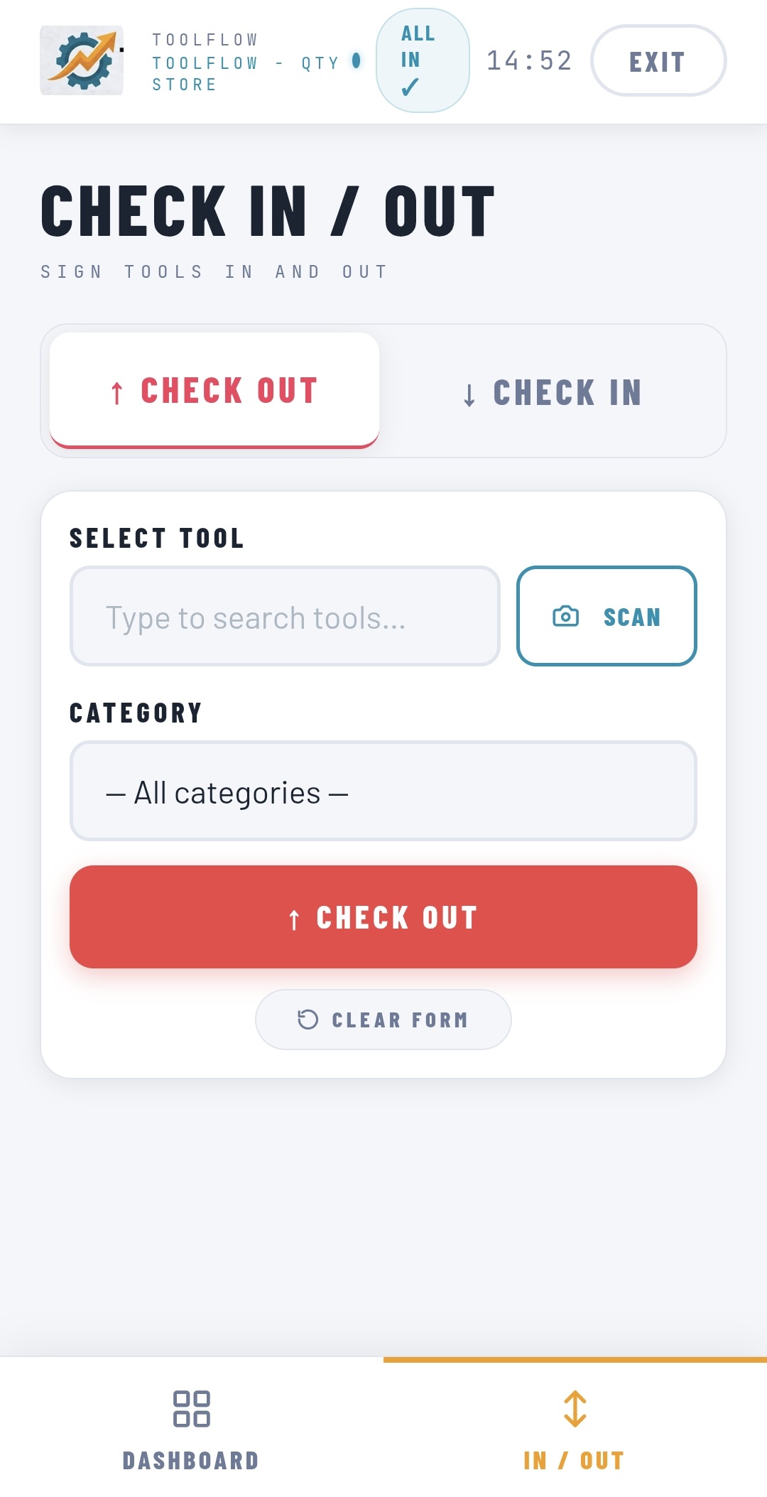 TOOLFlow check-out screen